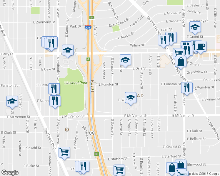map of restaurants, bars, coffee shops, grocery stores, and more near 1811 South Spruce Street in Wichita