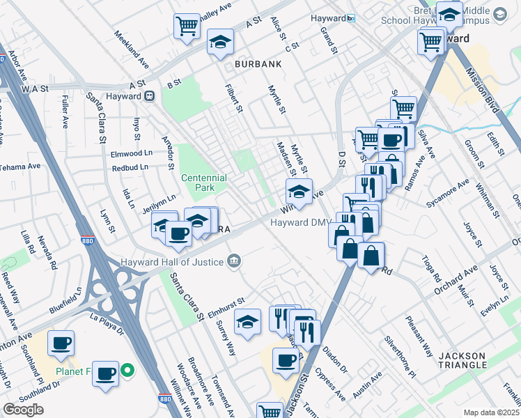 map of restaurants, bars, coffee shops, grocery stores, and more near 1133 Martin Luther King Drive in Hayward