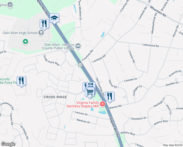 map of restaurants, bars, coffee shops, grocery stores, and more near 10365 U.S. 33 in Glen Allen