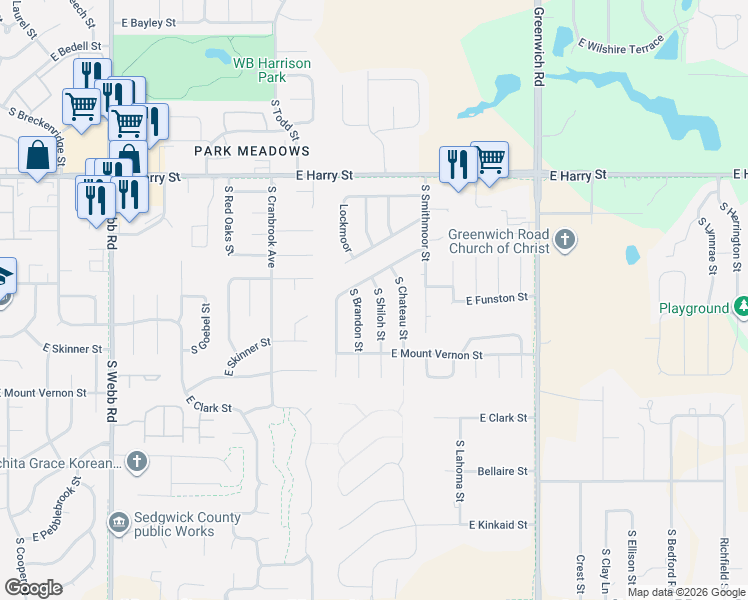 map of restaurants, bars, coffee shops, grocery stores, and more near 1819 South Shiloh Street in Wichita