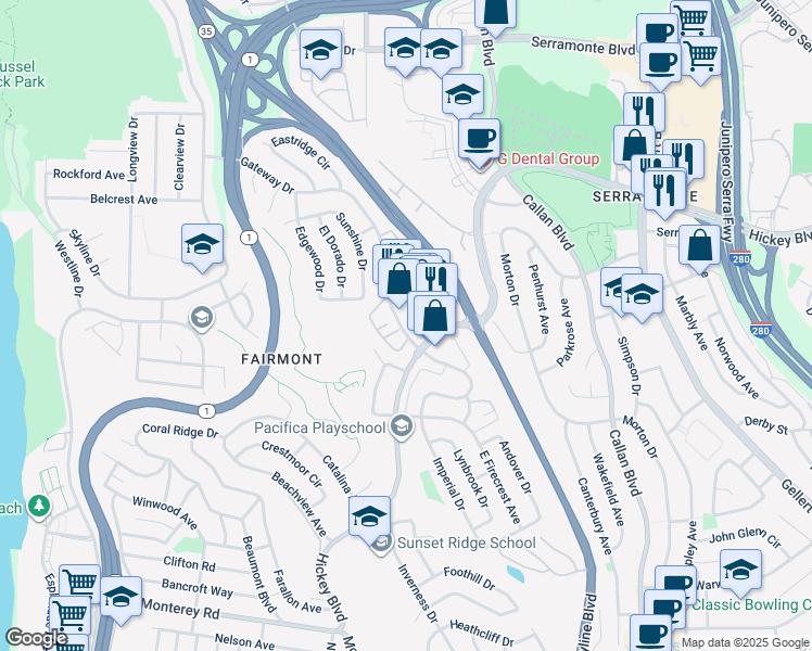 map of restaurants, bars, coffee shops, grocery stores, and more near 709 Gateway Drive in Pacifica