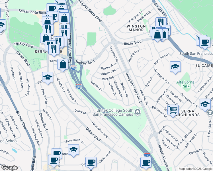 map of restaurants, bars, coffee shops, grocery stores, and more near 209 Norwich Drive in South San Francisco