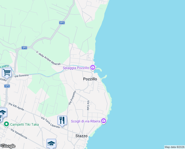 map of restaurants, bars, coffee shops, grocery stores, and more near 26 Piazza Santa Margherita Regina in Pozzillo