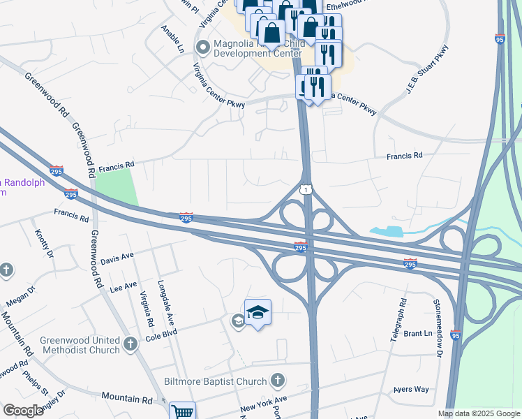 map of restaurants, bars, coffee shops, grocery stores, and more near 1221 Brushwood Avenue in Glen Allen