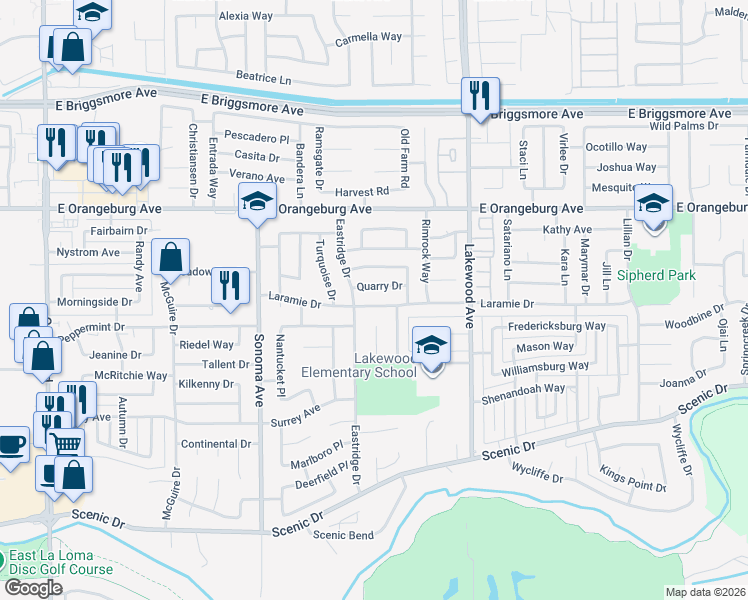 map of restaurants, bars, coffee shops, grocery stores, and more near 2709 Laramie Drive in Modesto