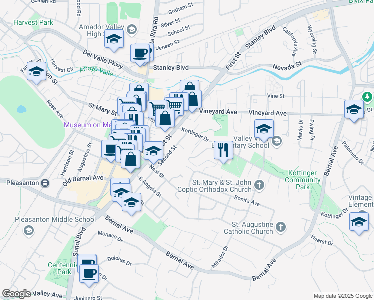 map of restaurants, bars, coffee shops, grocery stores, and more near 4354 Second Street in Pleasanton