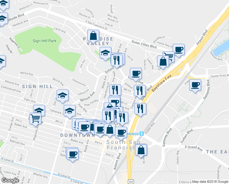 map of restaurants, bars, coffee shops, grocery stores, and more near 807 Hickory Place in South San Francisco