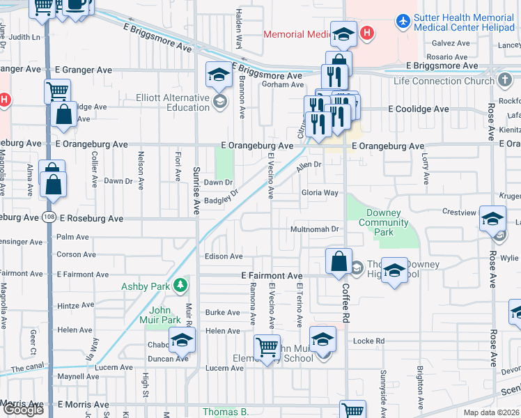 map of restaurants, bars, coffee shops, grocery stores, and more near 1009 Edinburgh Drive in Modesto
