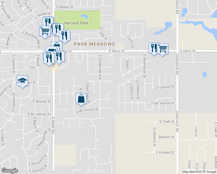 map of restaurants, bars, coffee shops, grocery stores, and more near 10231 Funston Court in Wichita