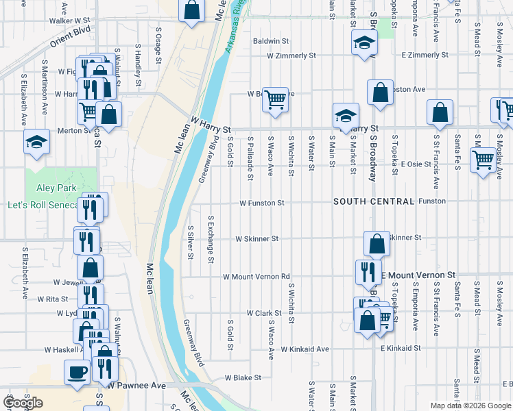 map of restaurants, bars, coffee shops, grocery stores, and more near 401 West Funston Street in Wichita