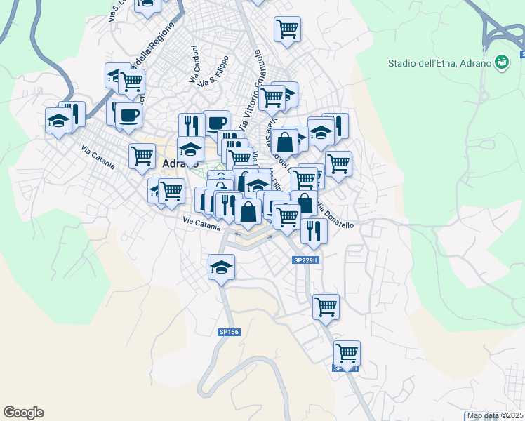 map of restaurants, bars, coffee shops, grocery stores, and more near 2 Via Duca D'Aosta in Adrano