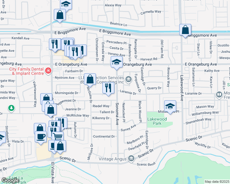 map of restaurants, bars, coffee shops, grocery stores, and more near 1211 Sonoma Avenue in Modesto