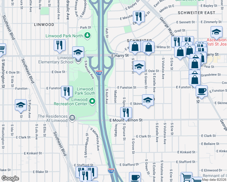 map of restaurants, bars, coffee shops, grocery stores, and more near 1811 South Madison Avenue in Wichita