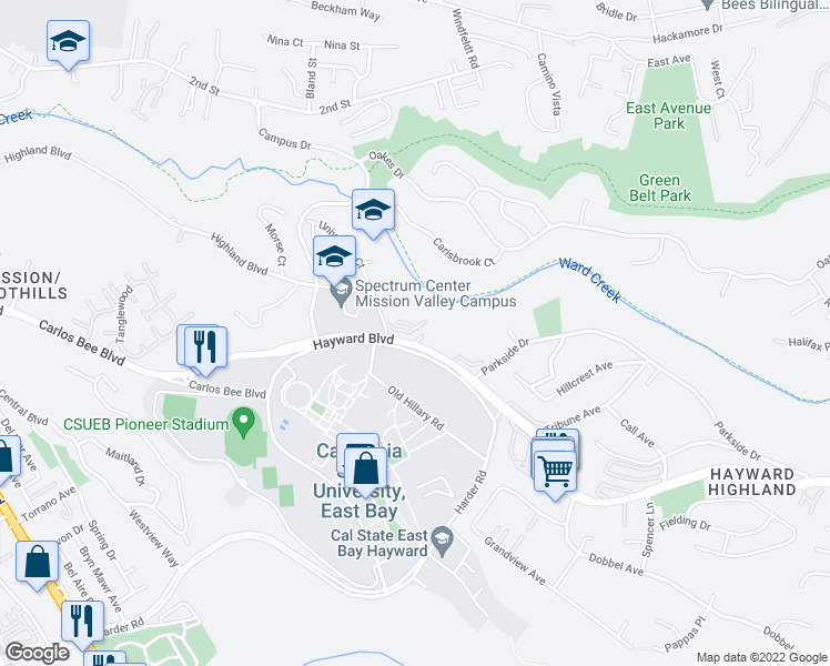 map of restaurants, bars, coffee shops, grocery stores, and more near 2151 Brandywine Place in Hayward