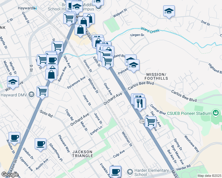 map of restaurants, bars, coffee shops, grocery stores, and more near 24778 Oneil Avenue in Hayward