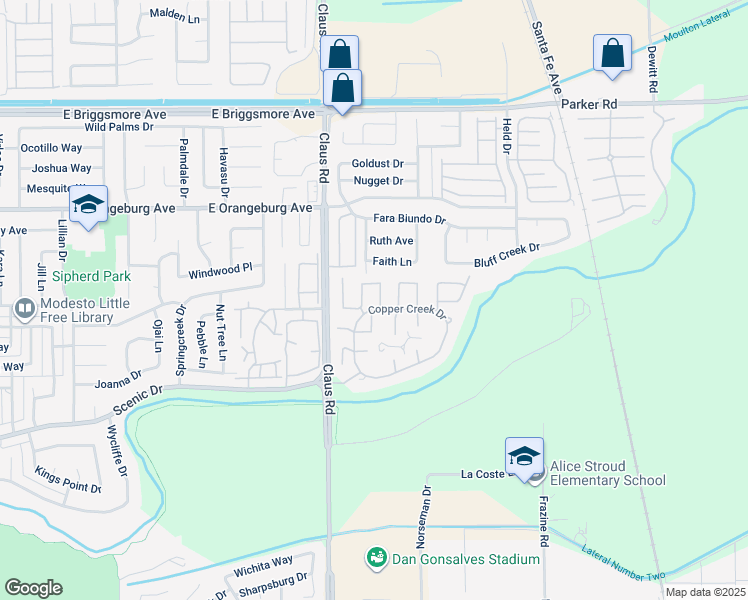 map of restaurants, bars, coffee shops, grocery stores, and more near 1172 Copper Cottage Lane in Modesto
