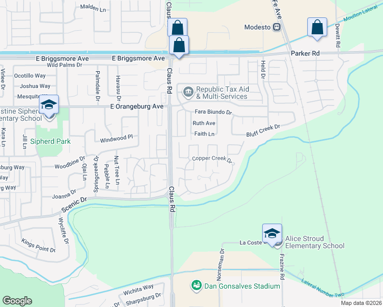 map of restaurants, bars, coffee shops, grocery stores, and more near 1104 Copper Cottage Lane in Modesto