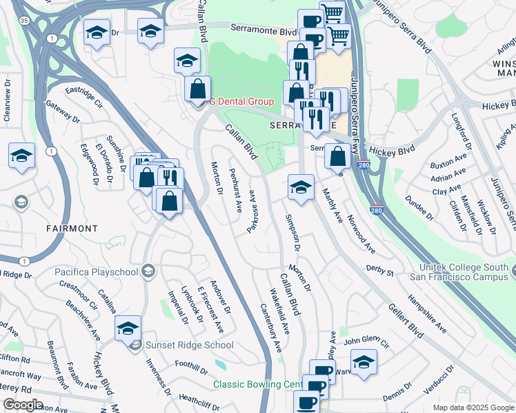 map of restaurants, bars, coffee shops, grocery stores, and more near 45 Parkrose Avenue in Daly City