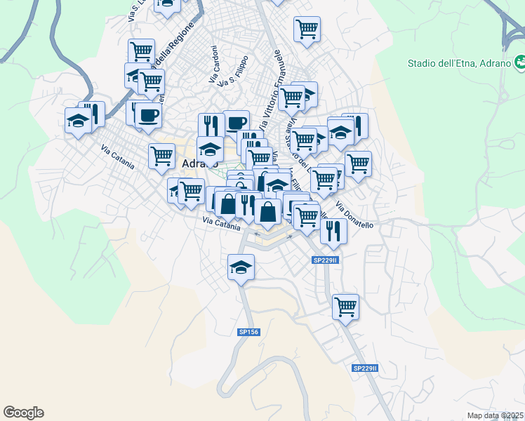 map of restaurants, bars, coffee shops, grocery stores, and more near 31A Via Cadore in Adrano
