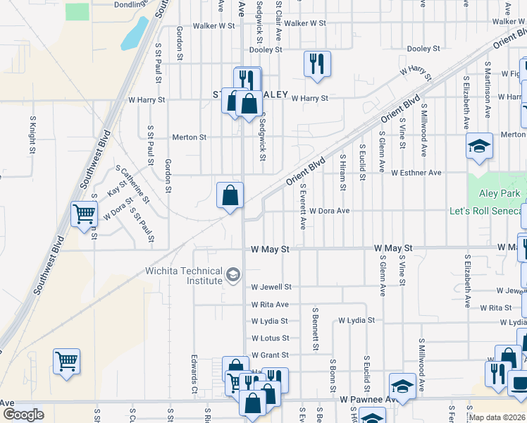 map of restaurants, bars, coffee shops, grocery stores, and more near 2498 Dora Street in Wichita