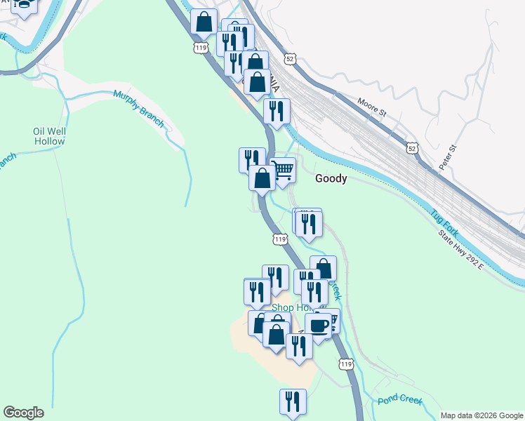 map of restaurants, bars, coffee shops, grocery stores, and more near U.S. 119 in Belfry
