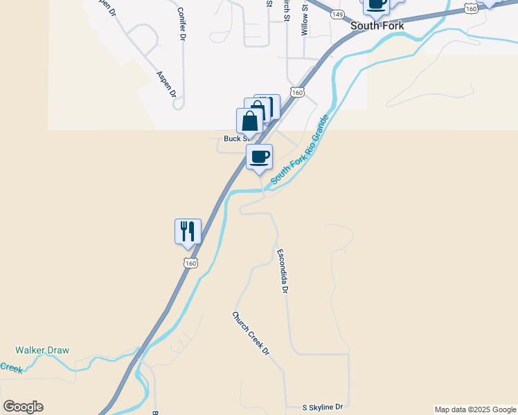 map of restaurants, bars, coffee shops, grocery stores, and more near 358 Escondida Dr in South Fork