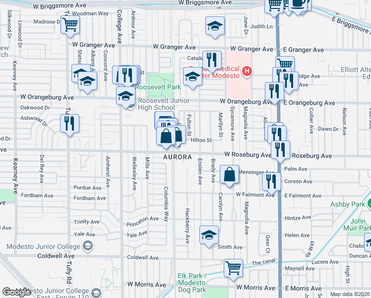 map of restaurants, bars, coffee shops, grocery stores, and more near in Modesto