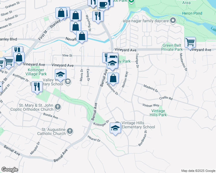 map of restaurants, bars, coffee shops, grocery stores, and more near 717 Concord Street in Pleasanton