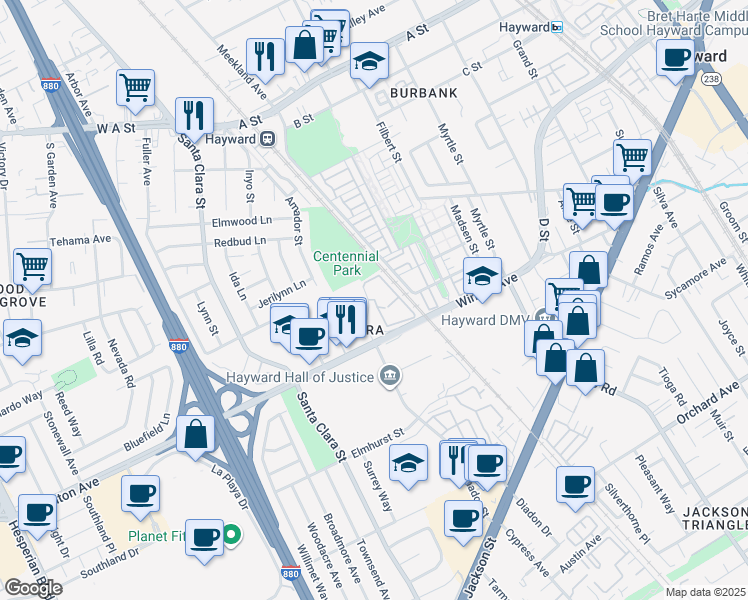 map of restaurants, bars, coffee shops, grocery stores, and more near 24041 Amador Street in Hayward