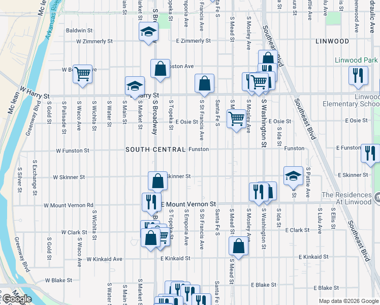map of restaurants, bars, coffee shops, grocery stores, and more near 1801 S St Francis St in Wichita