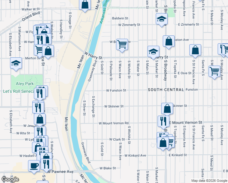 map of restaurants, bars, coffee shops, grocery stores, and more near 401 West Funston Street in Wichita