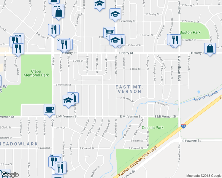 map of restaurants, bars, coffee shops, grocery stores, and more near 1814 S Ridgewood Dr in Wichita
