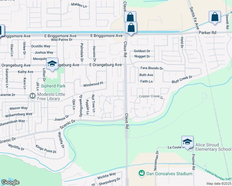 map of restaurants, bars, coffee shops, grocery stores, and more near 1204 Cedar Creek Court in Modesto