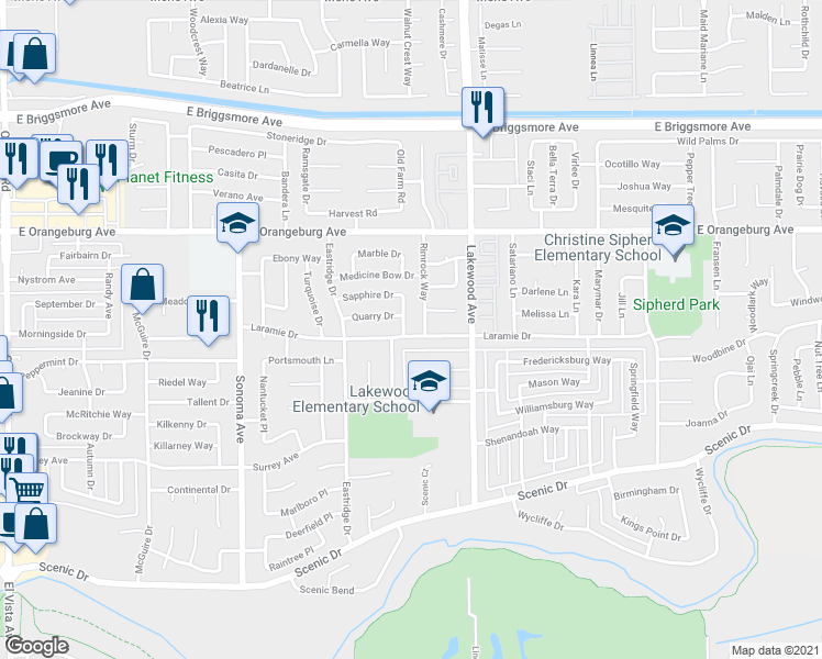 map of restaurants, bars, coffee shops, grocery stores, and more near 2825 Laramie Drive in Modesto