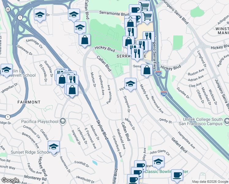 map of restaurants, bars, coffee shops, grocery stores, and more near 45 Parkrose Avenue in Daly City