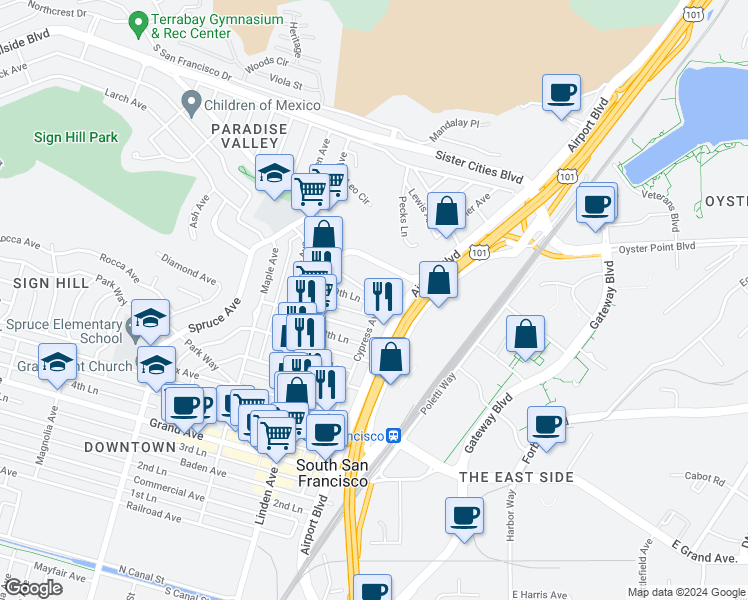 map of restaurants, bars, coffee shops, grocery stores, and more near 207 Armour Avenue in South San Francisco