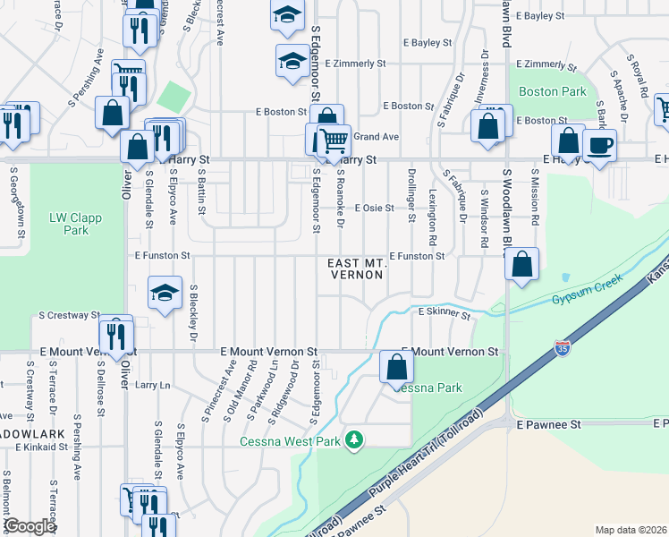 map of restaurants, bars, coffee shops, grocery stores, and more near 1813 Roanoke Street in Wichita