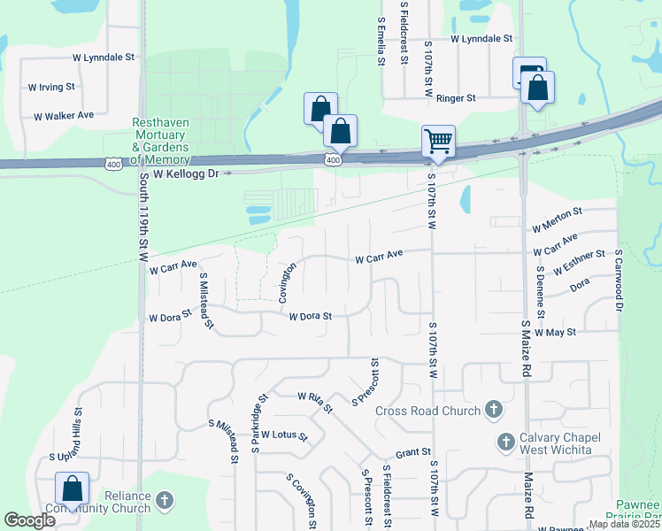 map of restaurants, bars, coffee shops, grocery stores, and more near 11205 West Carr Court in Wichita