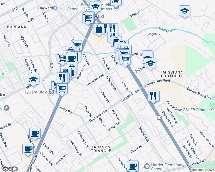 map of restaurants, bars, coffee shops, grocery stores, and more near 24652 Joanne Street in Hayward