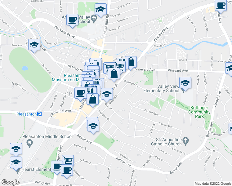 map of restaurants, bars, coffee shops, grocery stores, and more near 4389 Second Street in Pleasanton