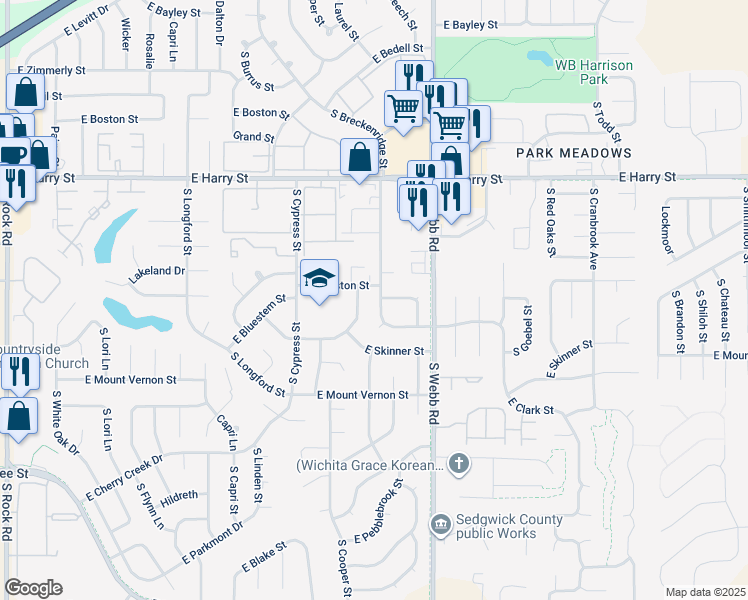 map of restaurants, bars, coffee shops, grocery stores, and more near 1817 South Beech Street in Wichita