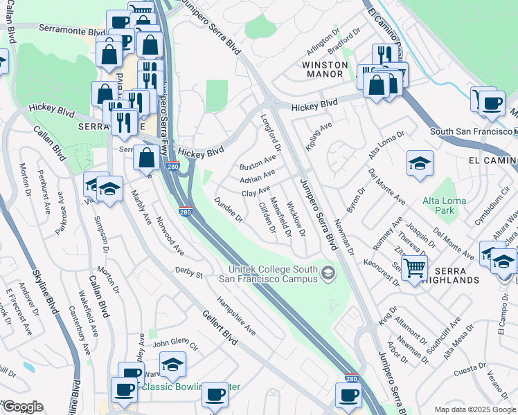 map of restaurants, bars, coffee shops, grocery stores, and more near 208 Clifden Drive in South San Francisco