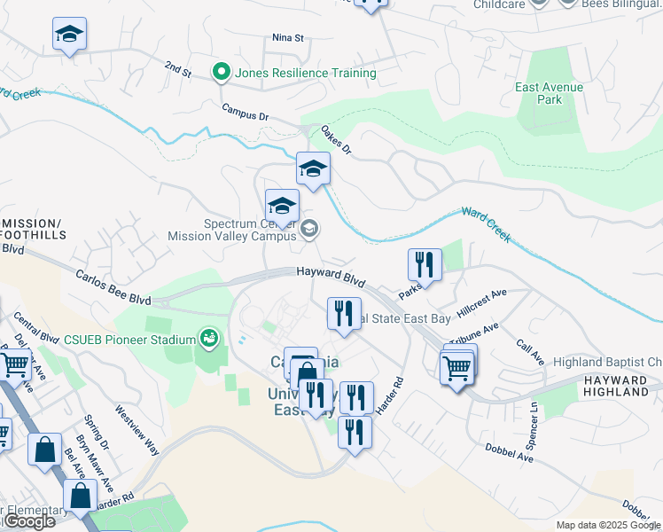 map of restaurants, bars, coffee shops, grocery stores, and more near 2107 Brandywine Place in Hayward