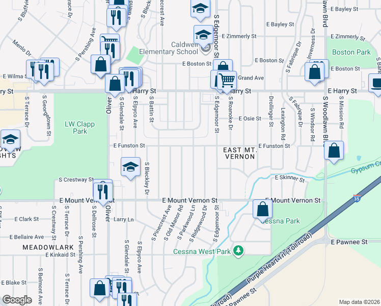 map of restaurants, bars, coffee shops, grocery stores, and more near 1815 South Parkwood Lane in Wichita