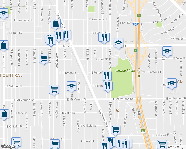 map of restaurants, bars, coffee shops, grocery stores, and more near 1805 Ellis South in Wichita