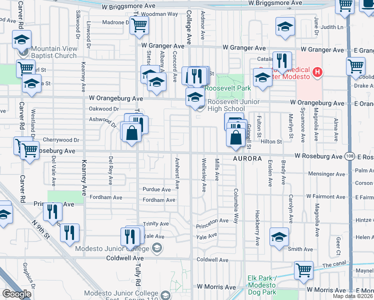 map of restaurants, bars, coffee shops, grocery stores, and more near 1105 West Roseburg Avenue in Modesto
