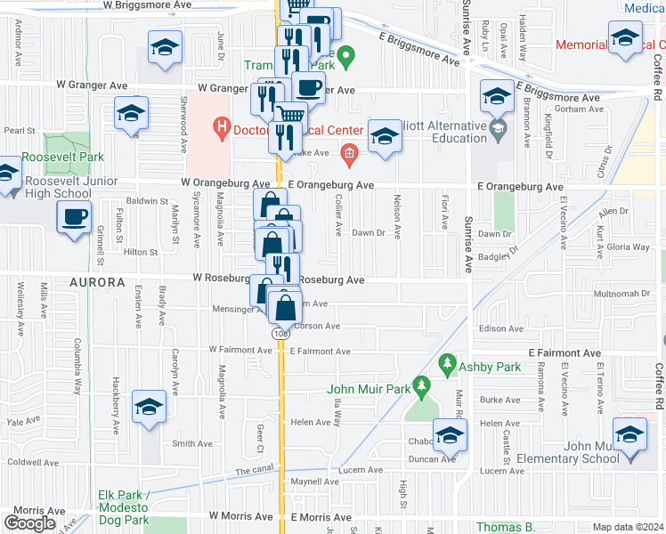map of restaurants, bars, coffee shops, grocery stores, and more near 163 Rocky Lane in Modesto