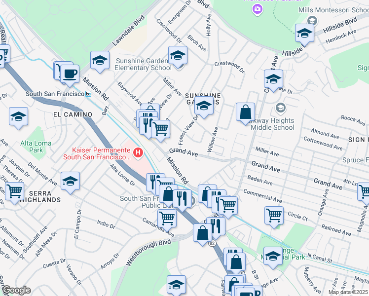 map of restaurants, bars, coffee shops, grocery stores, and more near 1056 Grand Avenue in South San Francisco