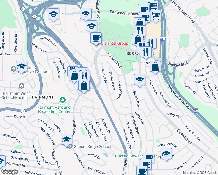 map of restaurants, bars, coffee shops, grocery stores, and more near 81 Morton Drive in Daly City