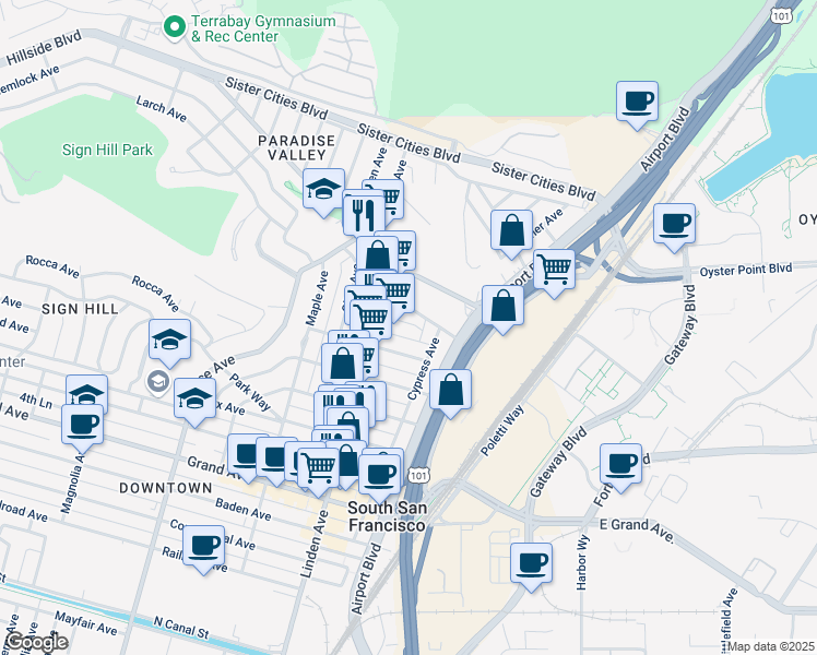 map of restaurants, bars, coffee shops, grocery stores, and more near 234 Juniper Avenue in South San Francisco